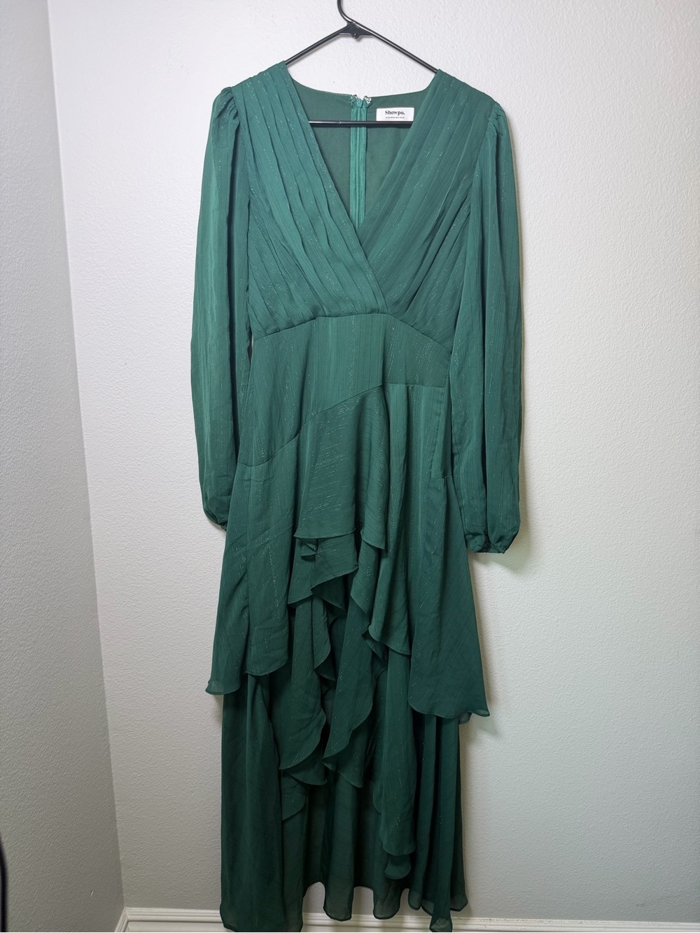 Showpo Green Sparkly High-Low Pleated Maxi Dress Wedding Guest Formal Size 6 - Picture 2 of 16